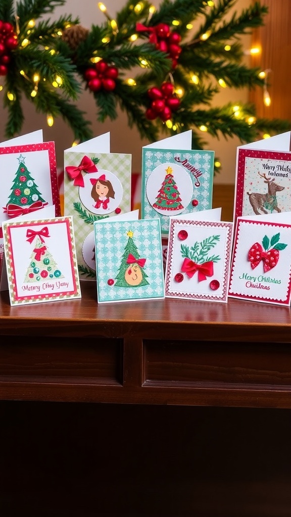 A variety of handmade Christmas cards with festive designs on a wooden table, surrounded by holiday decorations.